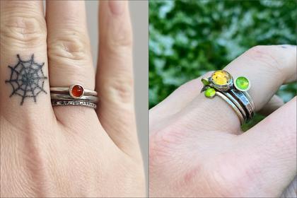 Flora.stacking rings with orange yellow and green