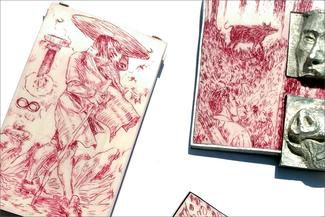 Csipo.red scrimshaw rectangles with silver parts close up